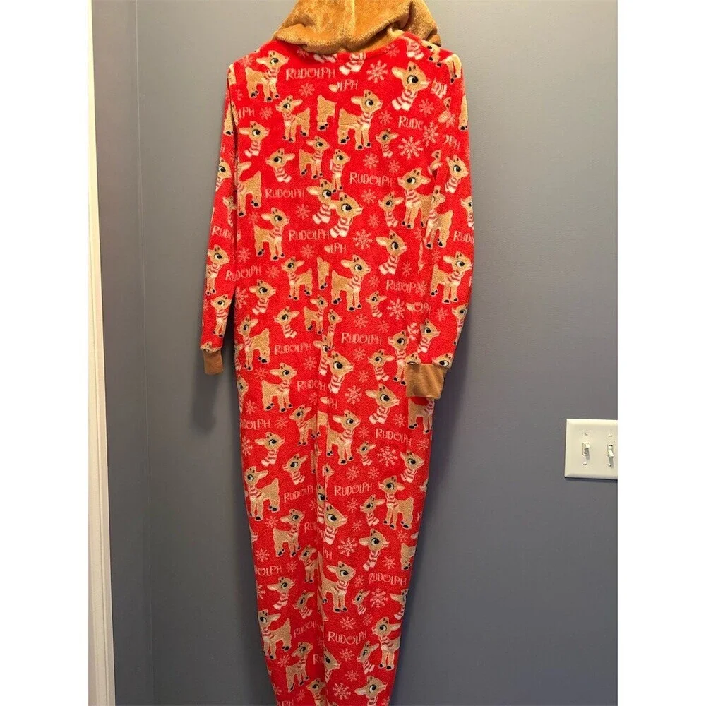 Rudolph Womens Hooded Zip One Piece Pajama Onesie Red Print Size 12-14 - Picture 10 of 11